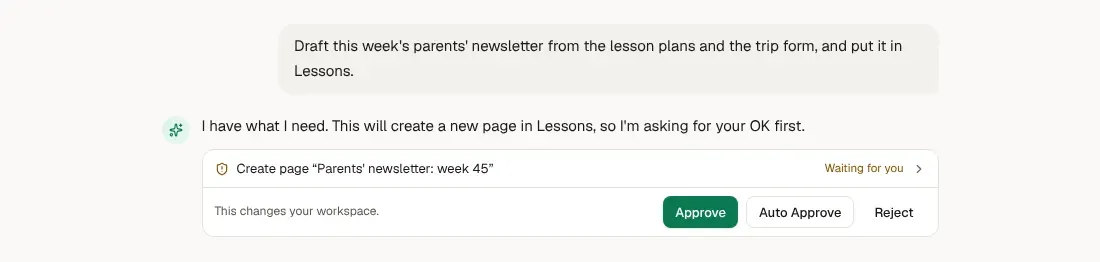 An agent chat waiting for approval to create a page
