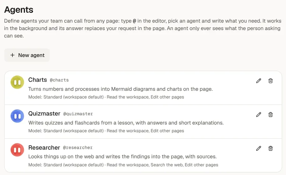 Settings listing three agents, each with its own colour: Charts, Quizmaster and Researcher
