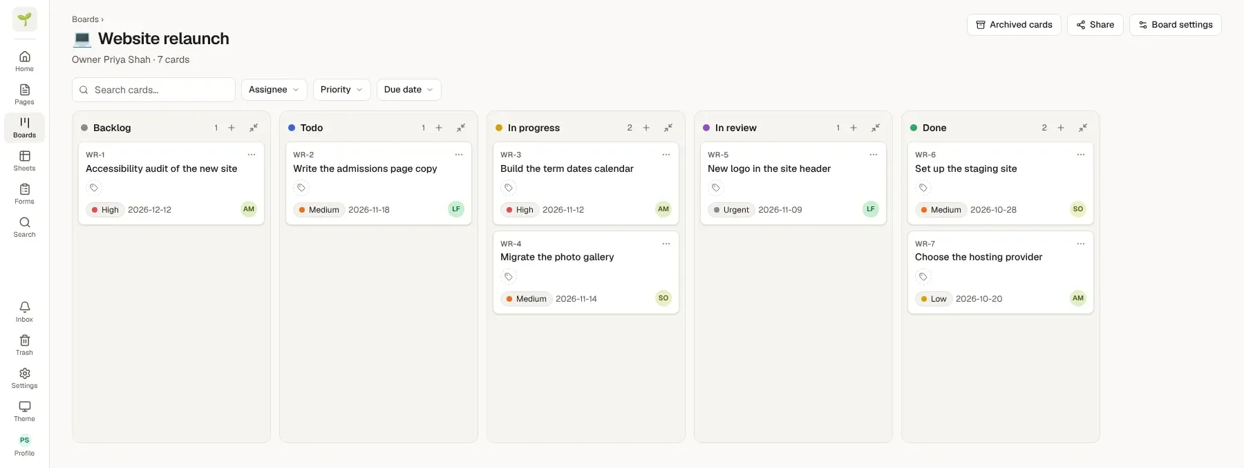 A release board with cards from Backlog to Done, each showing priority, assignee and due date