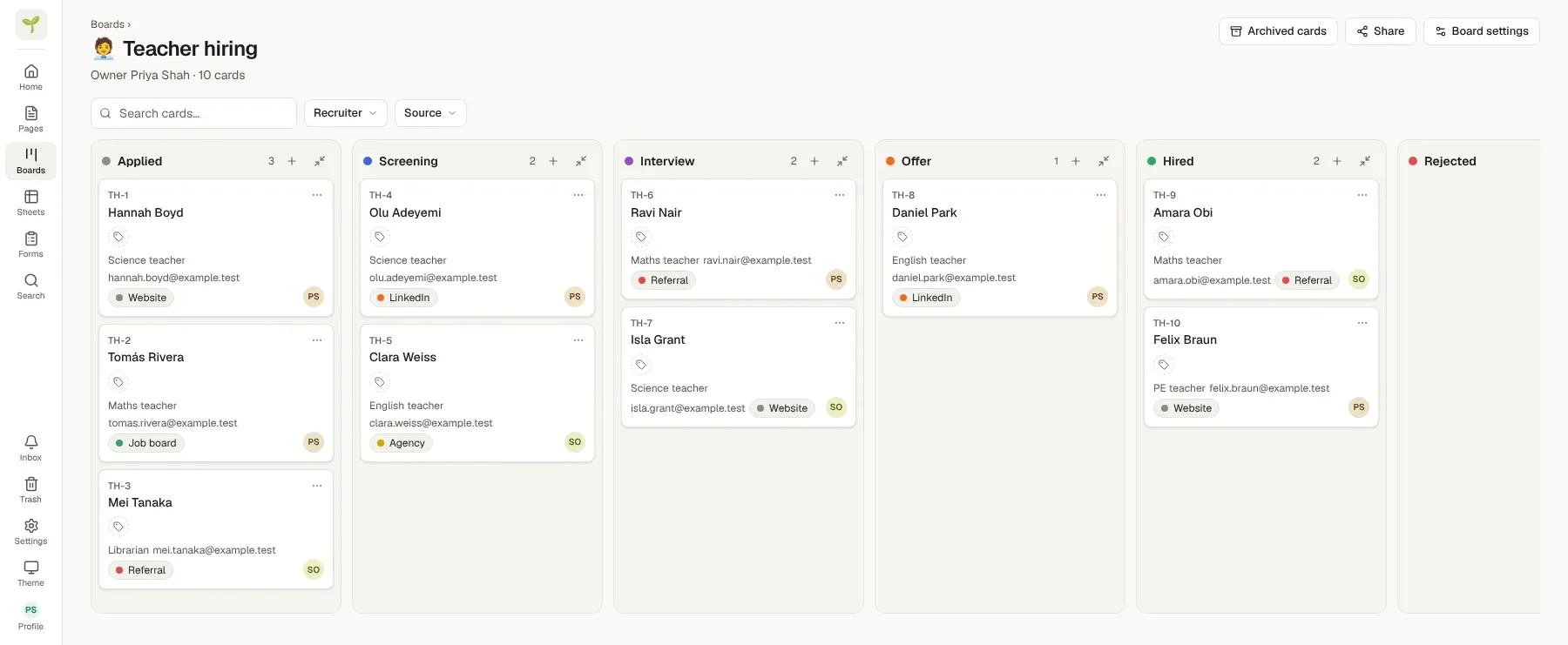 A hiring board with columns from Applied to Hired and a card for each candidate
