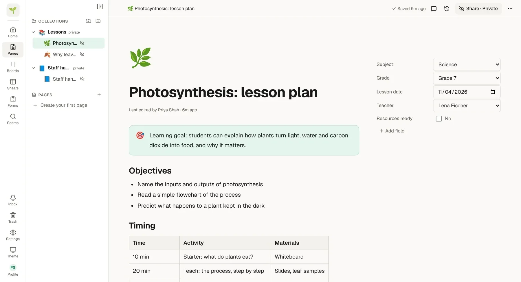 A lesson plan page with its fields (subject, grade, lesson date, teacher, resources ready) in a column beside the text