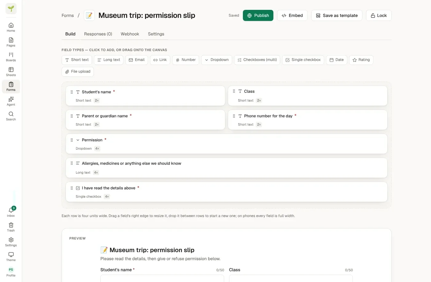 The form designer showing a permission slip