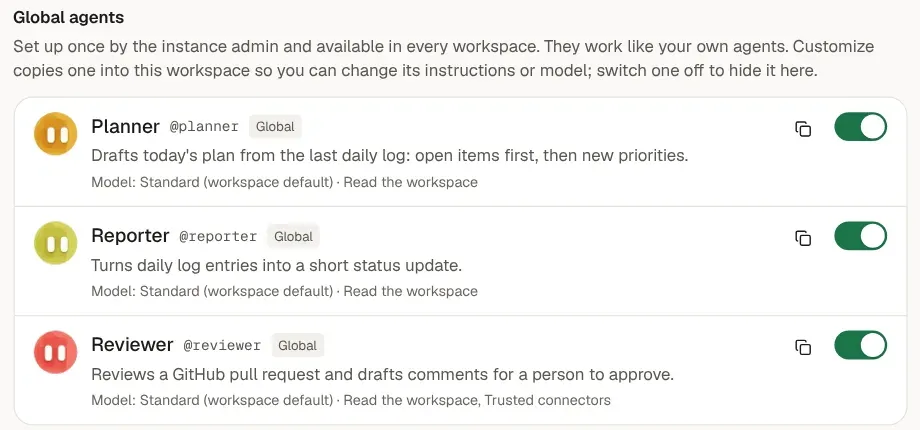 Settings listing the global agents Planner, Reporter and Reviewer, each with a Global badge, a copy button and an on/off switch