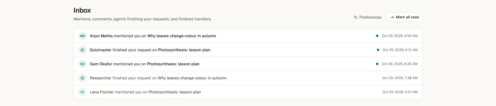 The inbox listing mentions and finished agent requests