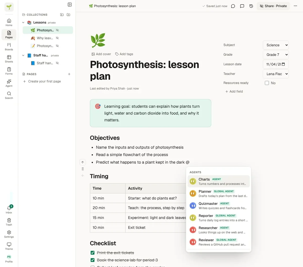 The @ menu listing workspace agents and global agents, then people